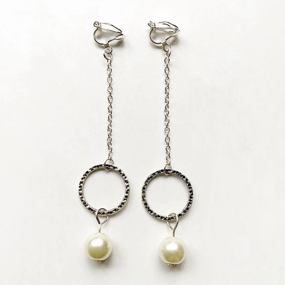 

Geometric Big Round Circle Earrings Clip On Imitation Pearl Tassel Earrings Silver Long Tassel Earrings Female Women Girls