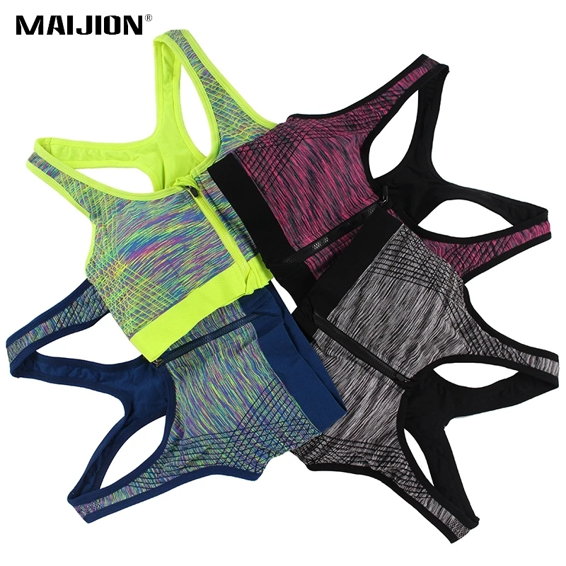 

MAIJION Women Shockproof Sports Bras, Front Zipper Push Up Padded Fitness Yoga Bra , Wirefree Seamless Gym Running Vest Tops