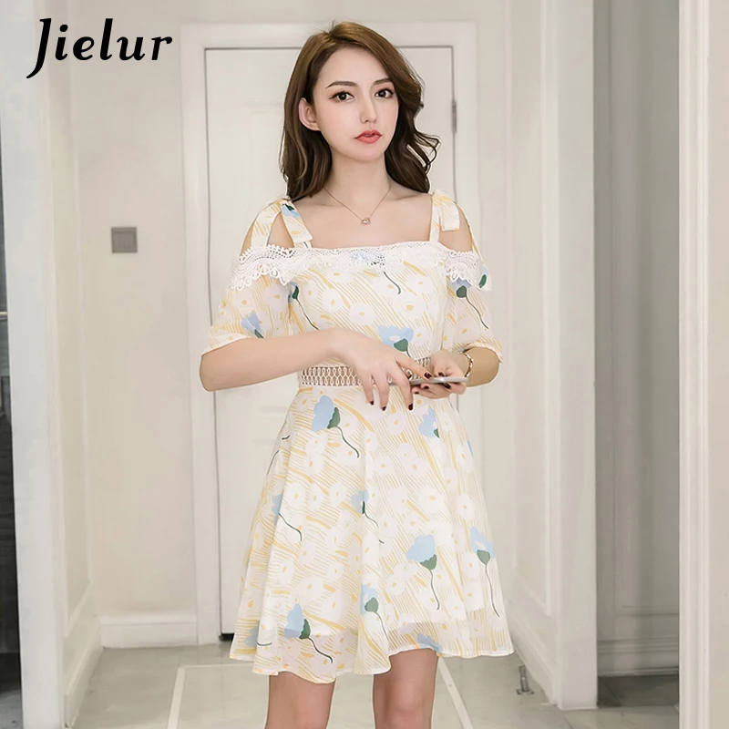 

Jielur Summer Dress 2019 Beach Chiffon Printed Fashion Hollow Women Dress Elegant Fresh Lace Up Spaghetti Strap Vestidos Mujer