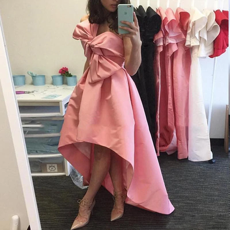 Sexy Sweetheart High Low Evening Dresses 2018 Strapless Pink Bow Prom Party Dress Vestido De Noche Evening Gowns109