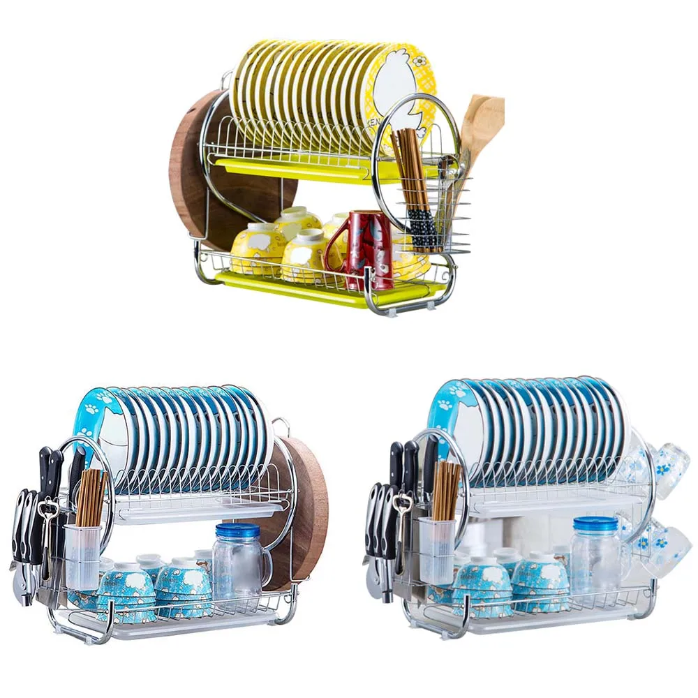 

2 Tier R-Shaped Dish Drainer Stainless Steel Drying Rack Bowl Dish Draining Shelf Dryer Tray Holder Kitchen Organizer