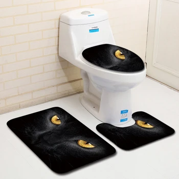 

HomeMiYN New Bath Mat Lovely Black Cat 3 Pcs Printing Bathroom Products Toilet Lid Toilet Cover Pads Anti Slip Bath Rugs
