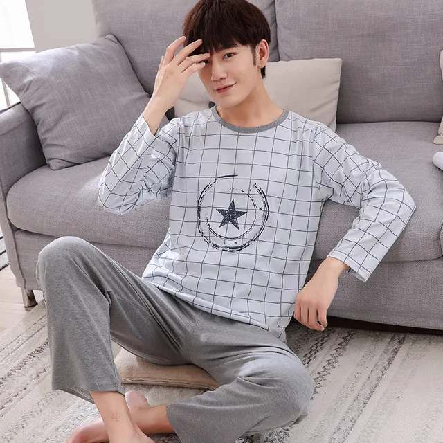 Autumn Wintetr  Long-sleeved Men's Cotton Pajamas Letter Striped Cartoon Pajama Sets Casual Men Pyjamas Plus Size L-4XL Pijama satin pajamas Men's Sleep & Lounge