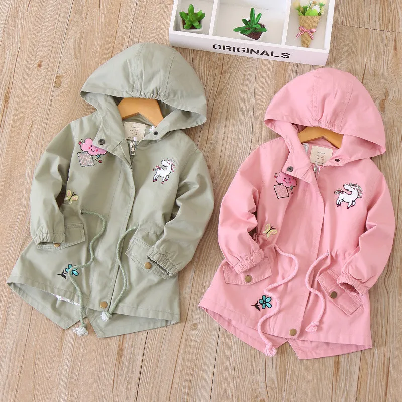 

2018 Fashion Kids Windbreaker Girls Spring Autumn Coats Floral Unicorn Embroidery Hooded Jackets Children Outerwear Clothing