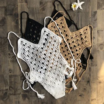 

hirigin Fashion Summer Womens Cotton Blended Bodysuits Female New Solid Halter Neck Rompers Ladies V-Neck Beach Style Swimwear