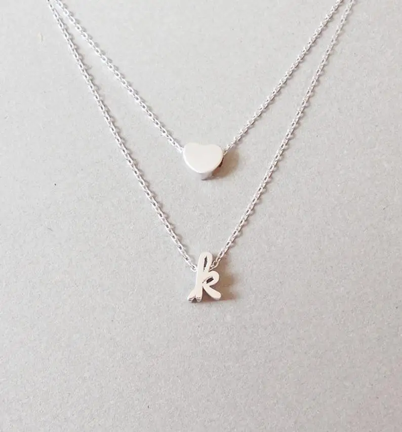

Heart and cursive initial layered necklacegold silver Initial heart Layered necklaceWedding valentine's day gift fc078