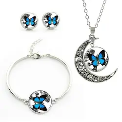 Романтический белый и голубая бабочка стекляный с картинкой художественное оформление ожерелье, серьги-пуссеты браслет ювелирных изделий