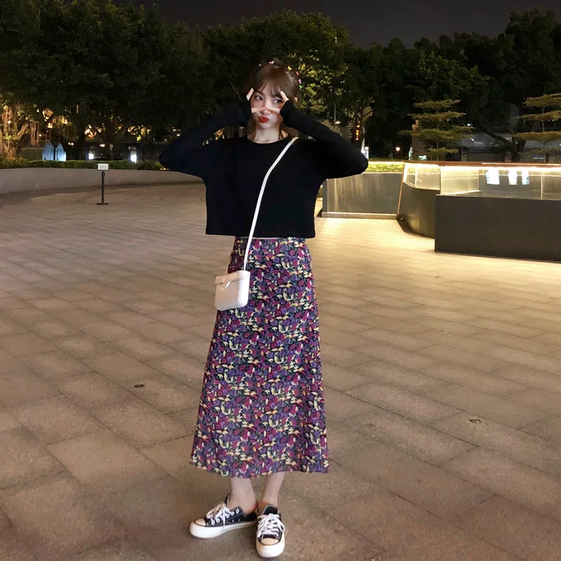 2019 женские юбки летний корейский стиль Тонкий длинный цветочный юбка Модный цветочный принт повседневные юбки