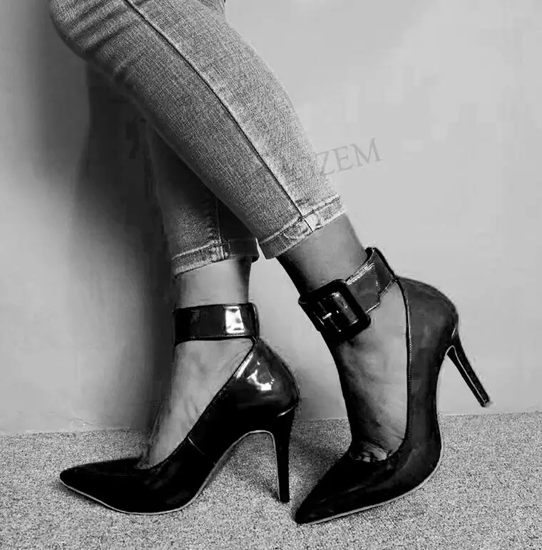 LAIGZEM/пикантные женские туфли-лодочки на каблуке блестящие босоножки с острым носком и пряжкой Дамская обувь на шпильке женская обувь; zapatos mujer; большие размеры 34-47 - Цвет: LGZ396 Black
