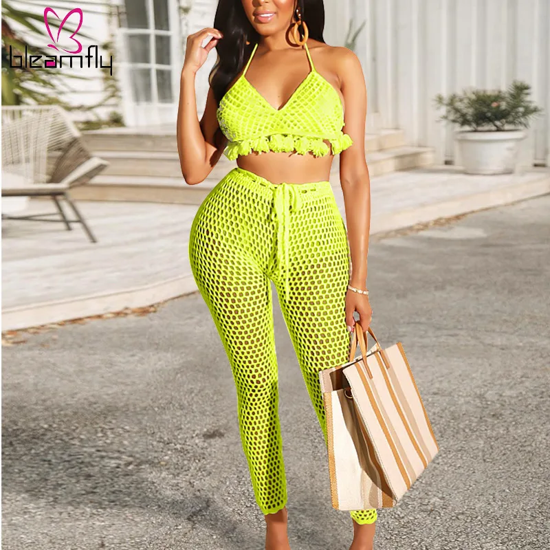 

Women Summer Beach Sexy 2 Piece Pants Set Hollow Out Two Piece Tassel Crochet Set See Through Knitted Crop Top And Trousers