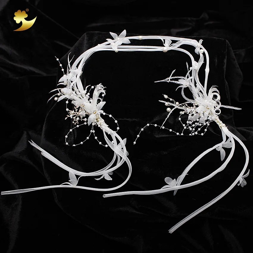 

bride headdress manual white feather ribbon brides headbands wholesale wedding hair accessories