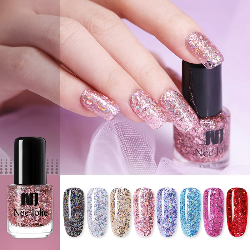 

NEE JOLIE Holographic Nail Polish 3.5ml Rose Gold Glitter Sequins Manicur Nail Art Polish Varnish DIY Design 12 Colors Available