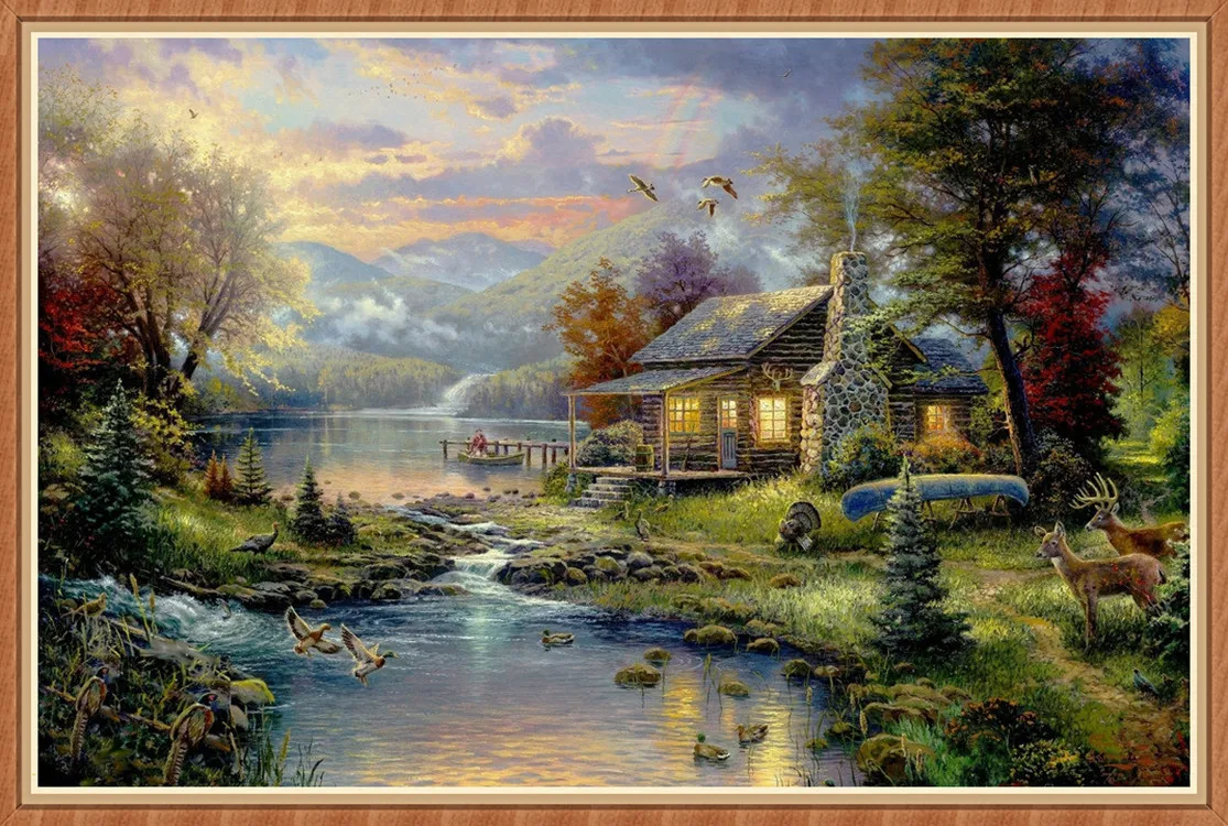 DIY Unfinished Diamond Crystal Painting Sets Handmade Craft Kits Cottage By River 50*70CMin