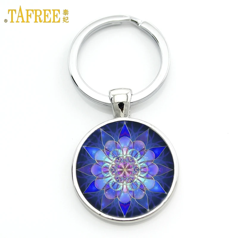 

TAFREE Hot Mandala Pattern Keychain Blue Picture Glass Gem Key Chains Holder summer jewelry Ship From The USA MA35