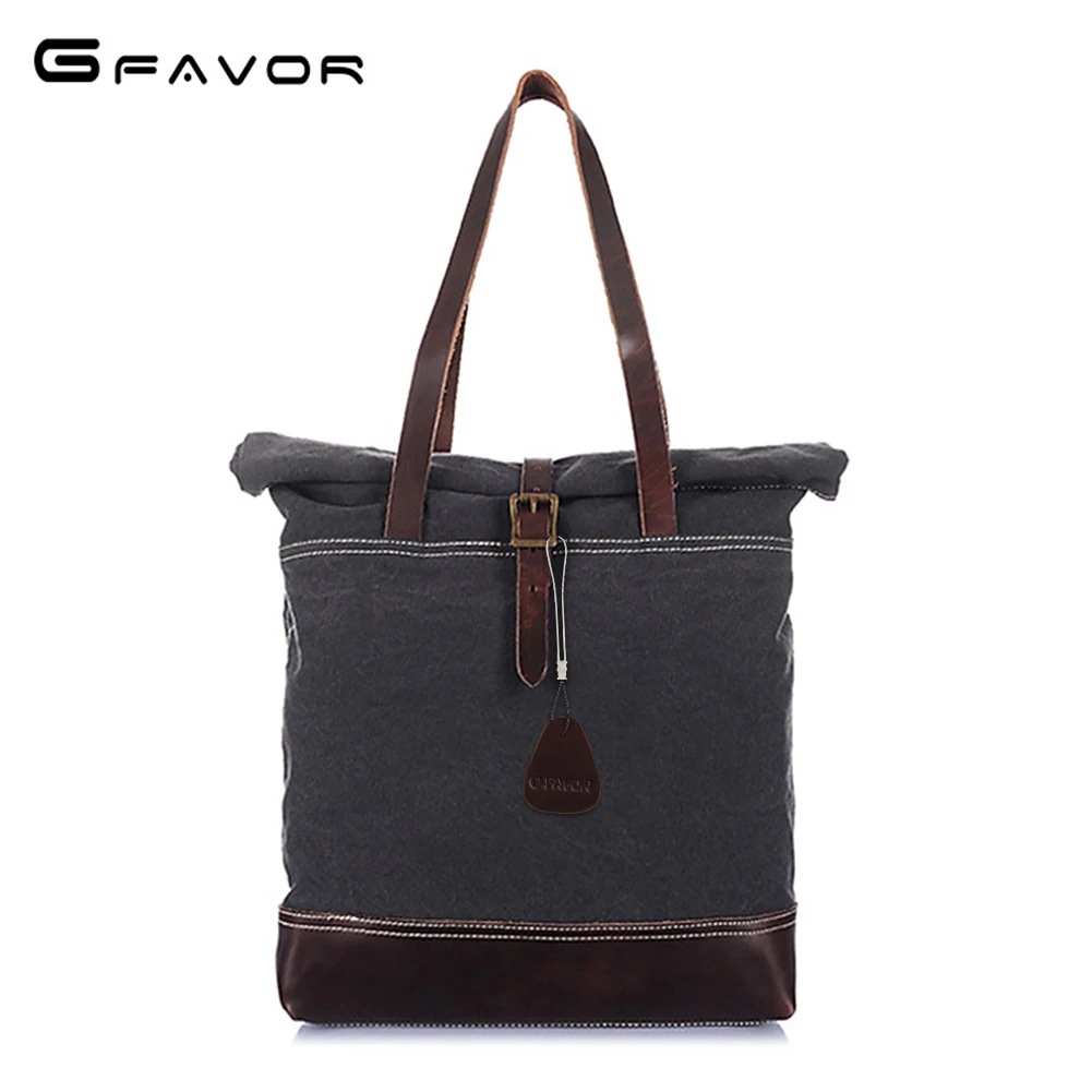 

G-FAVOR Patchwork Casual Top-handle Bag Men Crazy Horse Leather&Canvas Men's Handbag Belt Large Capacity Tote Bags