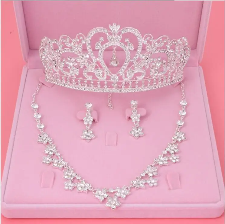  Womens Crystal Pearl Jewelry Hair Crown Headpiece Necklace Pendant Earrings Sets (3)