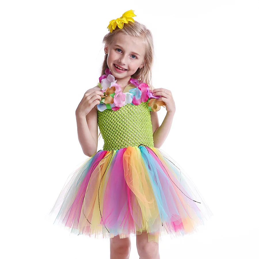Girls Hawaiian Grass Hula Tutu Dress with Flower Garland Necklace Kids (6)