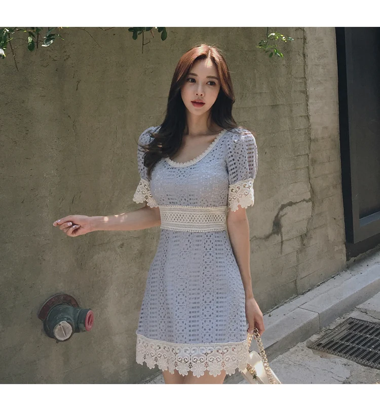 2019 летние новые женские кружевные платья с вырезом Vestido лоскутное повседневное с круглым вырезом короткий рукав тонкий офис вечерние