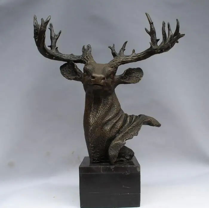 

19" Chinese Folk Art Bronze Marble Deer Head Bust Animal Statue sculpture