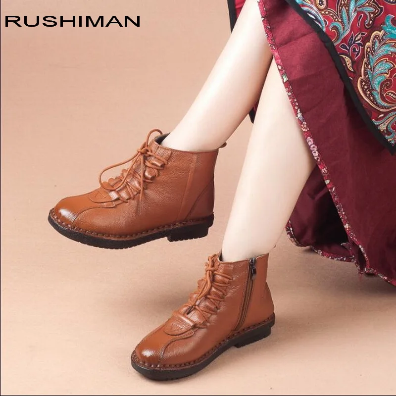 

RUSHIMAN Hot Sale Shoe Knight boots Genuine Leather Ankle Shoes 2018 Winter Fashion Women Boots Soft Casual Flat Shoes