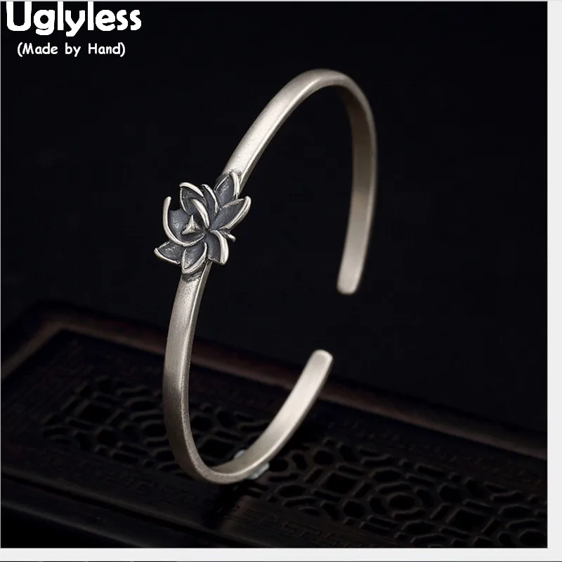 Uglyless Real 925 Sterling Silver Handmade Lotus Bangles Women Ethnic Thin Open Bangle Thai Silver Bracelets Fine Jewelry