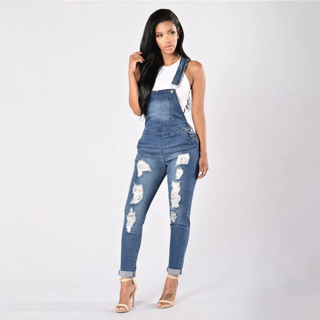 New Women's Casual Regular Denim Overall Strap Pants Sling Jeans Jumpsuits  Trousers Washed Casual Hole Jumpsuits Romper Jeans|Jeans| - AliExpress