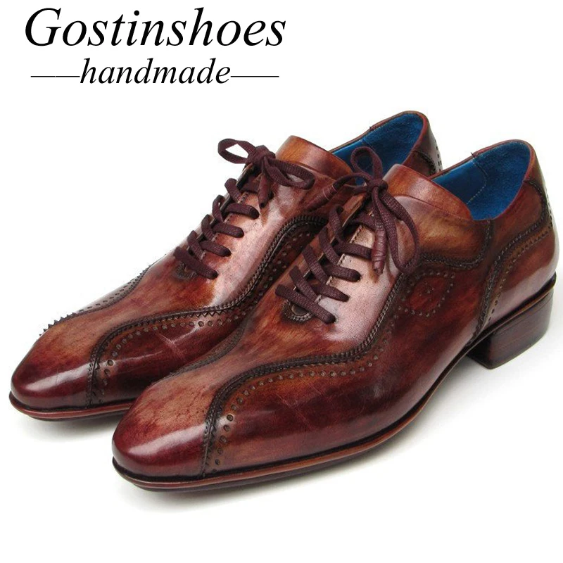 GOSTINSHOES HANDMADE Mens Shoes Casual Genuine Leather Lace-Up Pointed Toe Luxury Casual Oxford Shoes Goodyear Welted SCT31