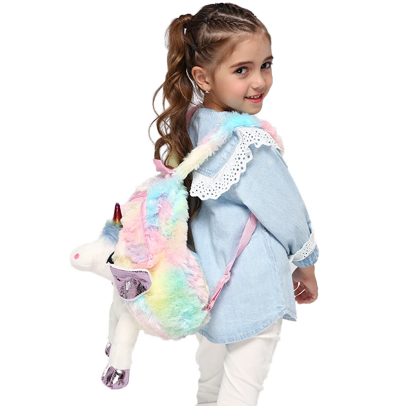  Cute Unicorn Student School Backpack Girl Cartoon Mini Fur Schoolbag Kidergarten Doll Plush Bag Toy - 33062006772