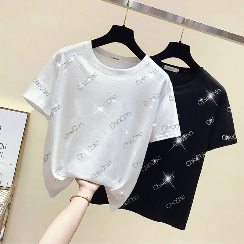 

GGRIGHT Letters Diamond T-shirts Women 2019 korean Summer Cotton O-neck Short Sleeve Tshirts White Black Women Tees Top Harajuku