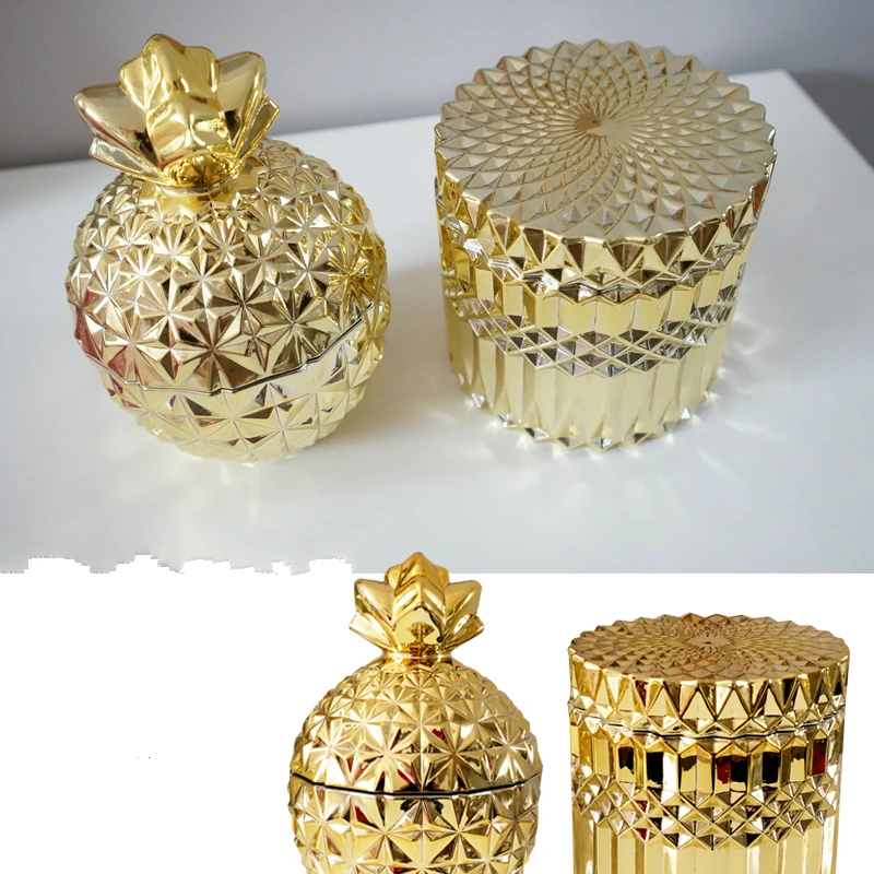 Стеклянная позолоченная шкатулка для украшений, декоративная емкость, Золотая банка для хранения конфет, свадебное украшение, контейнер для еды с крышкой, бутылка