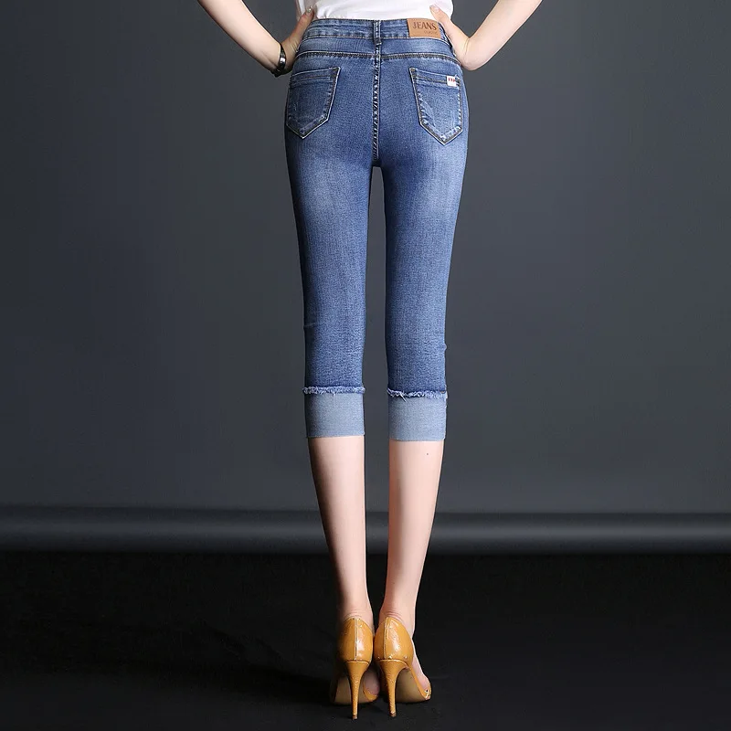 Jbersee Denim Skinny Jeans Woman Summer Fashion Ladies Elastic Knee Length Capris Pants Sexy Push up Women's Female | Женская одежда