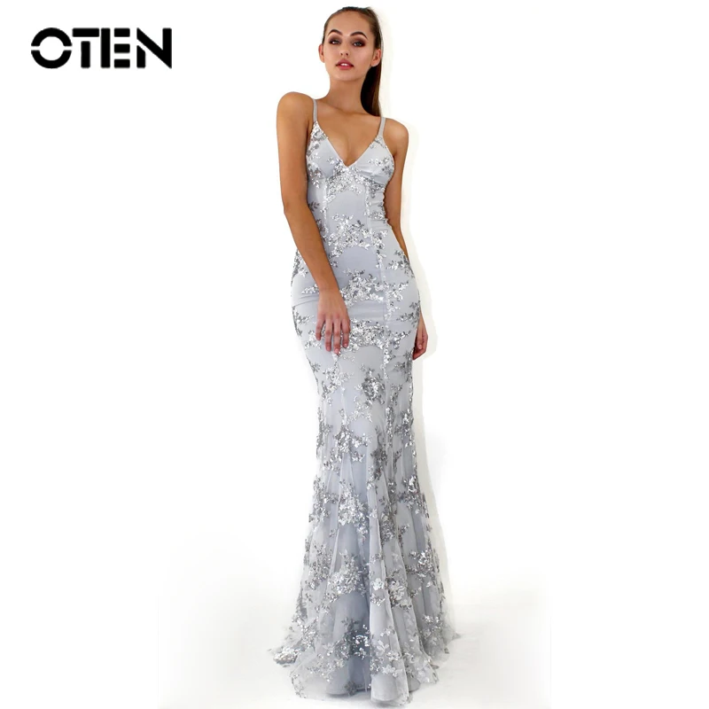 

OTEN Sequin Long dress Women Sexy Spaghetti Strap Deep V Neck Paillettes Elegant Ladies Evening Party Backless maxi dress 2018