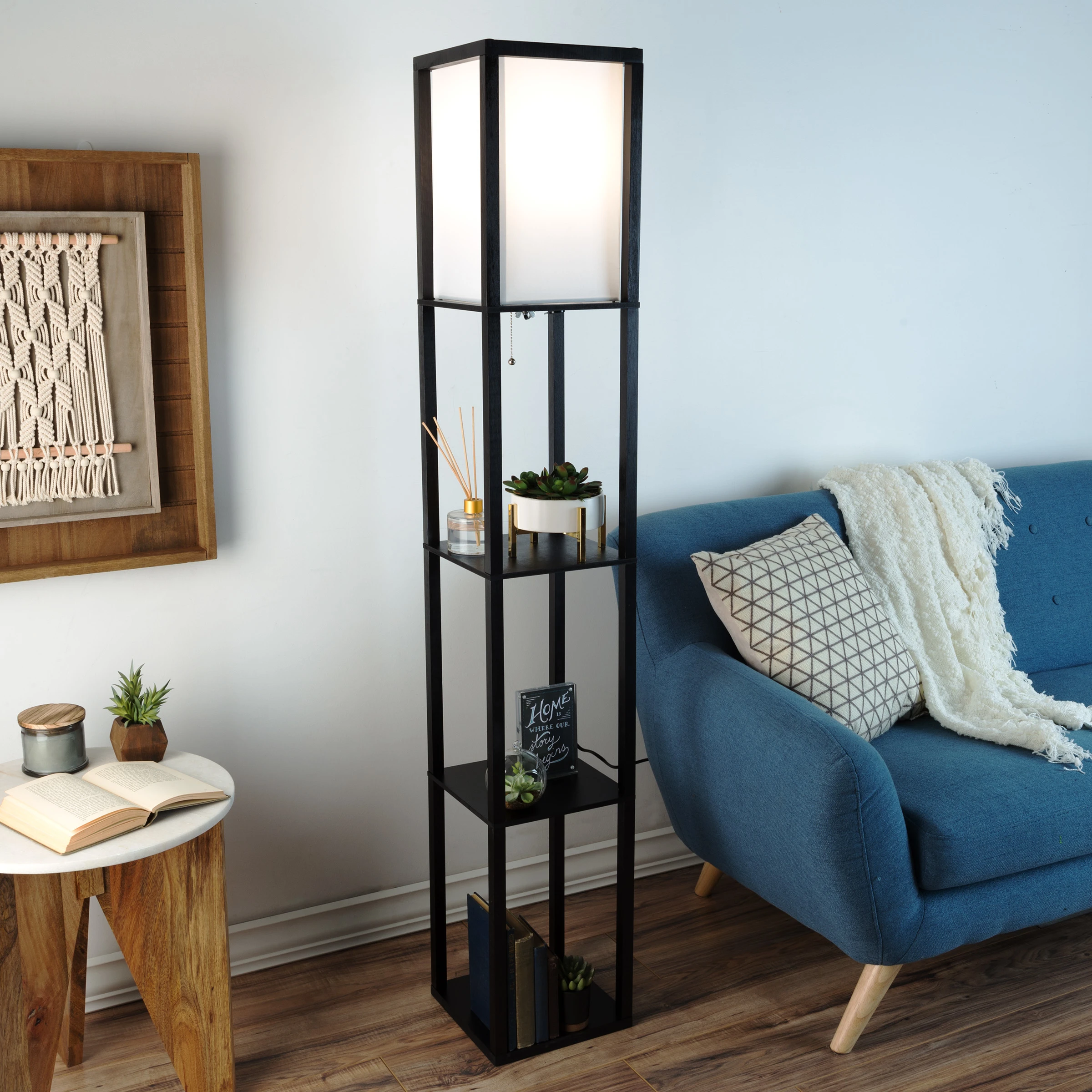 Etagere Black Floor Lamp Fabric Shade Ambient Led Light 3 Shelves