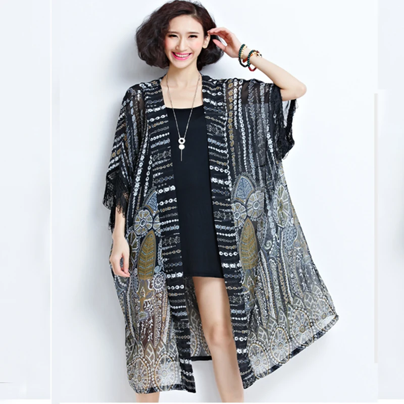 Kimono Korean Women Summer Loose Long Cardigan Thin Plus size Chiffon