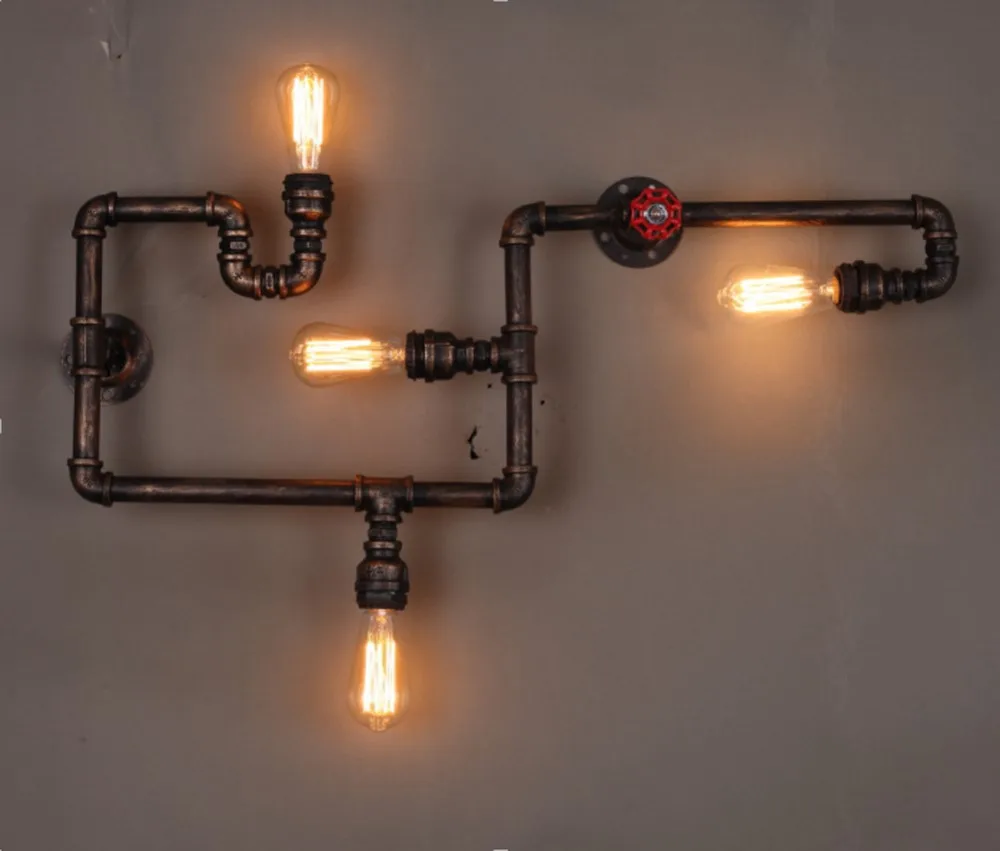 Loft Vintage Water Pipe Wall Lamp 4 Lights Bar Restaurant RH Iron Industrial Style E26 E27