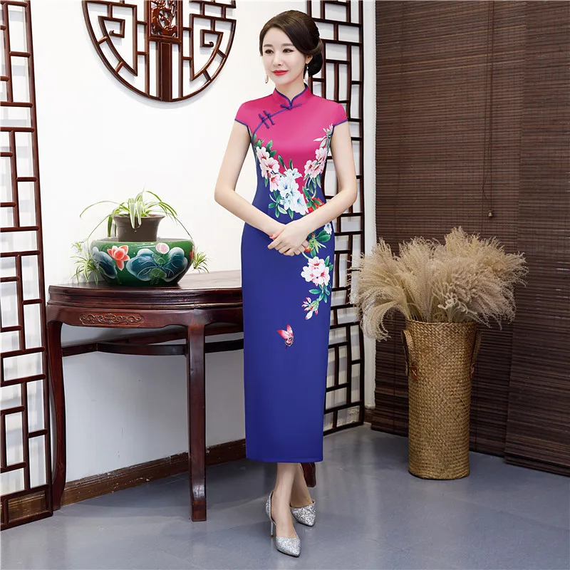 Для женщин Китайская традиционная Костюмы Qi Pao Oriental Стиль подобные шелковые платья Плюс Размеры длинные Qipao печати Ципао