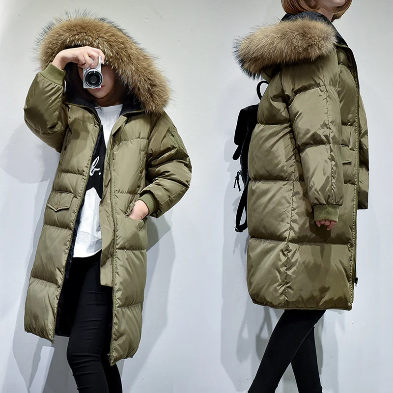 2018 Nieuwe Winter Natuurlijke Wasbeer Bont Parka Vrouwen Eendendons Hooded Jassen Verdikking Gewatteerd Jassen Feminos Lange Overjas