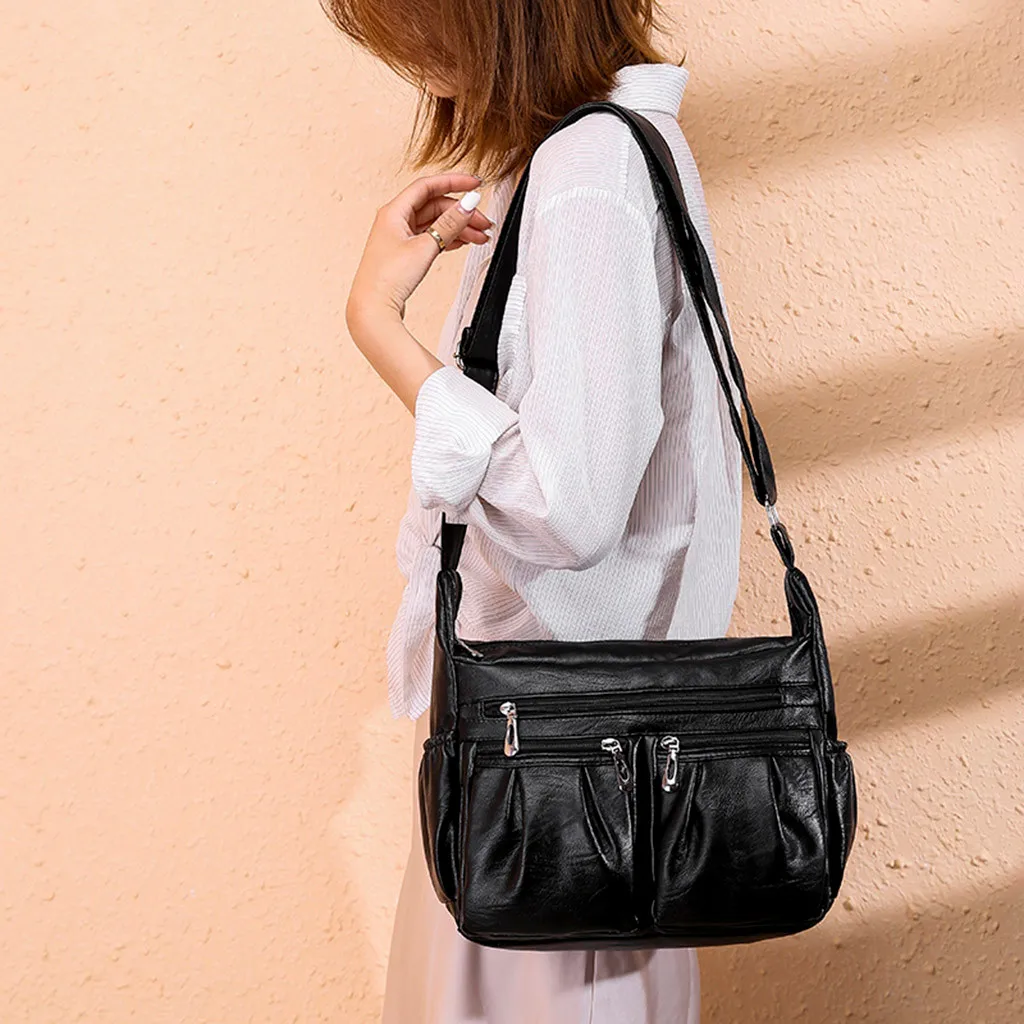 Брендовые женские сумки сумка через плечо из искусственной кожи мягкая моющаяся кожаная сумка через плечо черная двойная молния повседневные сумки# LR4