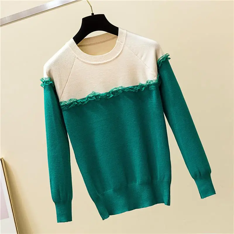 FTLZZ, женские вязаные свитера, лоскутные, кружевные, осень-весна, пуловеры, свитер, Свободный пуловер, джемперы для женщин - Цвет: Зеленый