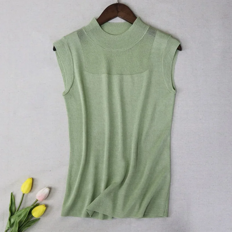 Женская Ice Silk трикотажная тонкая Однотонная рубашка без рукавов с круглым вырезом элегантные женские блузки Летняя мода Женский Повседневный Топ один размер - Цвет: Зеленый