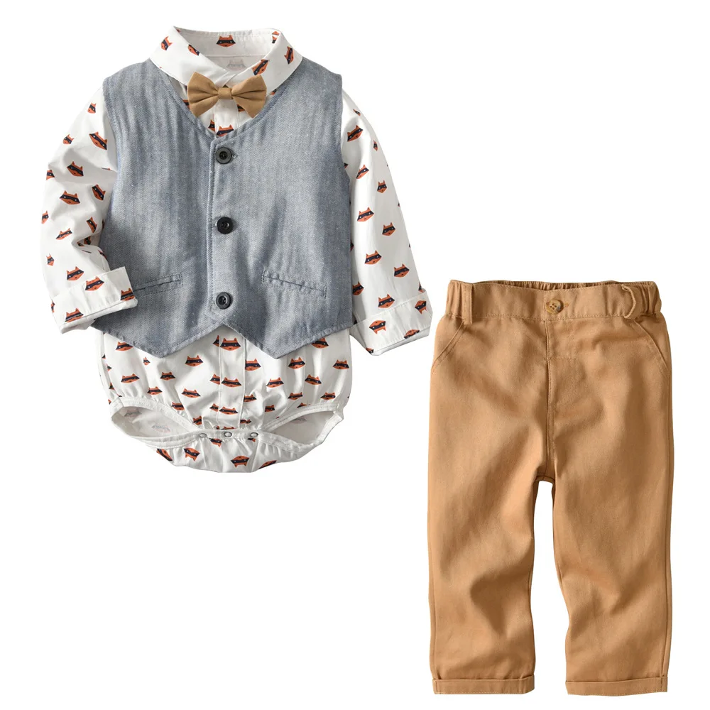 

Baby Boy Outfit Autumn Baby Toddler Jacket Long Sleeves Cartoon Romper Brown Long Pants Bowknot 2pcs/Set Winter Outfit for Boy