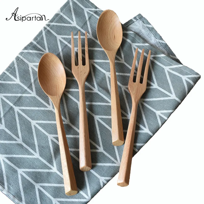 Asipartan 2pcs Cutlery Set Wooden Japanese Style Natural Solid Color