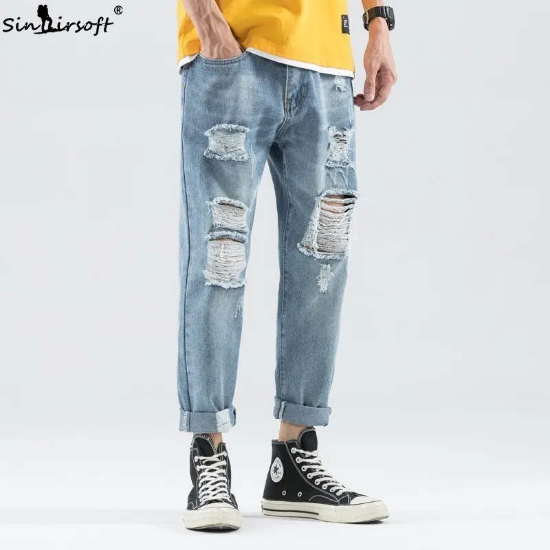

SINAIRSOFT2019 summer thin section jeans new men's summer hole denim nine points jeans men's cotton denim shorts casual jeans 36