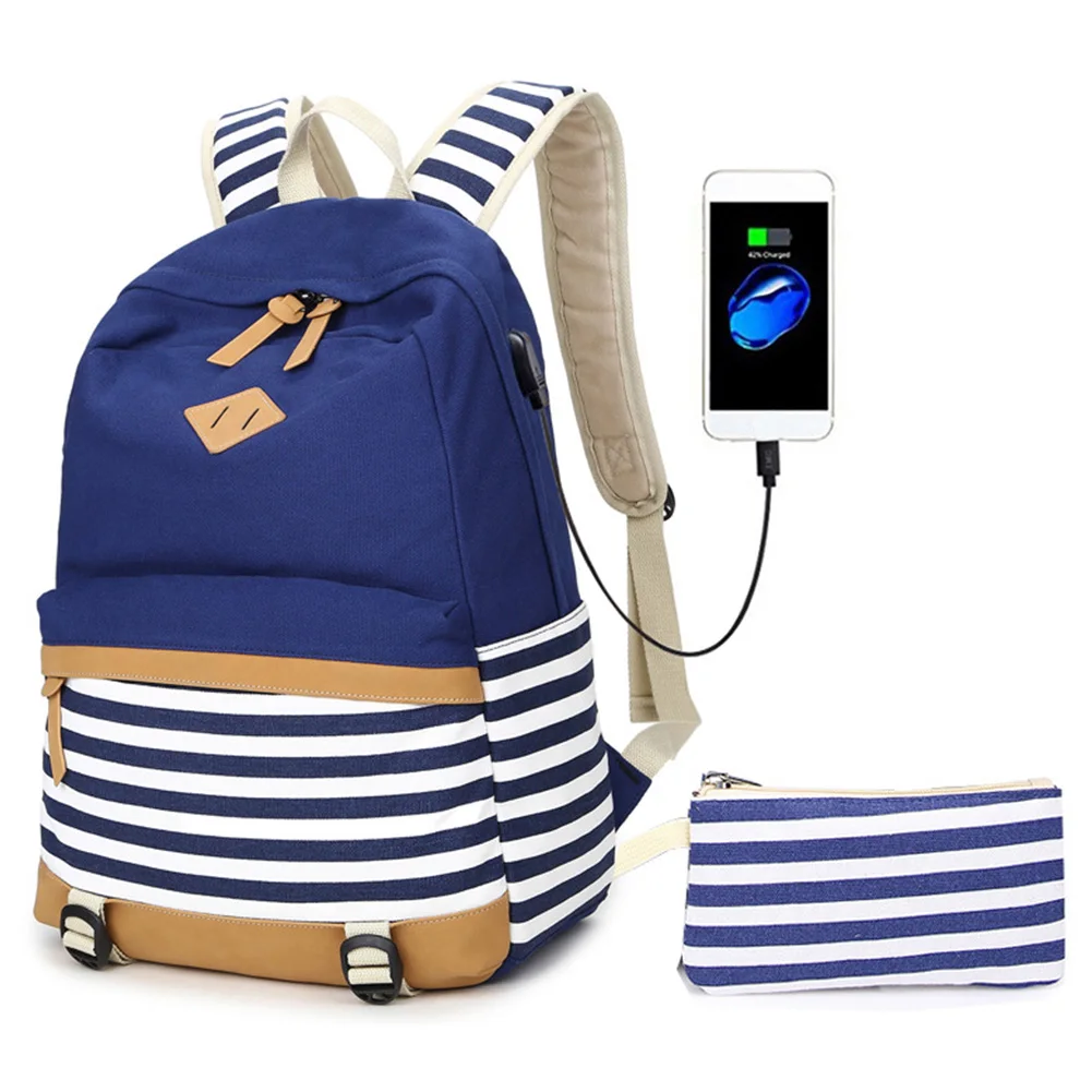 

Women Men School Bag Backpack Adjustable Strap Striped Casual Pencil Case Travel Large Capacity Zipper With USB Port Canvas