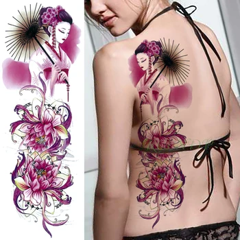 

Waterproof Temporary Tattoo Sticker Lotus flower Beauty girl umbrella full arm back fake tatto flash tatoo sleeve for Girl women