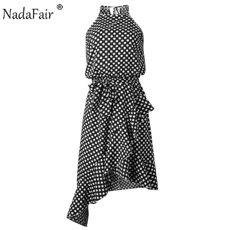 Nadafair plus size sleeveless ruffles polka dot summer dress women boho asymmetrical sash elastic waist sexy midi dress elegant Nadafair plus size sleeveless ruffles polka dot summer dress women boho asymmetrical sash elastic waist sexy midi dress elegant