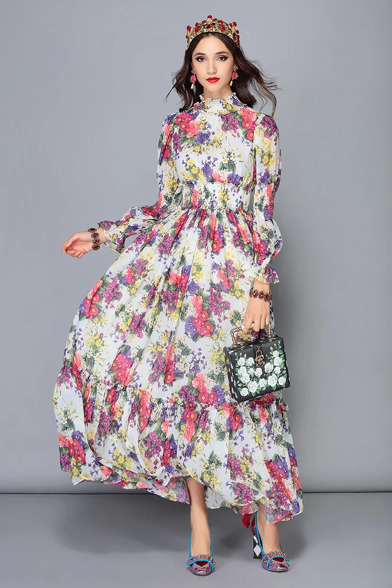 Женские праздничные платья макси LD LINDA DELLA, подиумное повседневное или вечернее длинное платье с длинным рукавом, с цветочным принтом, в стиле бохо, для отпуска, осень