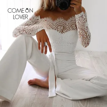 

Comeonlover Summer Jumpsuit Woman 2018 Off Shoulder Long Sleeve Lace Bodysuit Black Plus Size Bodycon Rompers Jumpsuit RI80575