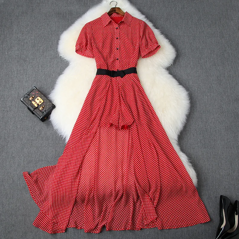 

Playsuit Summer Woman 2019 New Polka Dot Turn Down Collar Short Sleeves Short Rompers + Split Long Skirt Two Piece Set Female