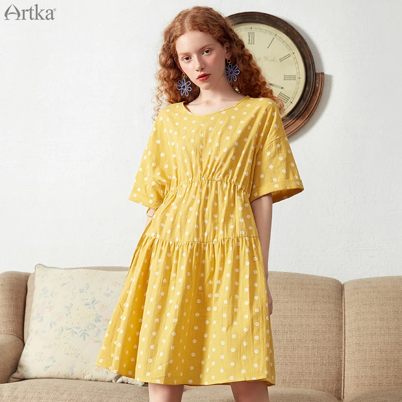 

ARTKA 2019 Spring Summer Women Dresses O-Neck Sweet Dot Dress For Women Casual Adjustable Sashes Waist Dress LA10494C